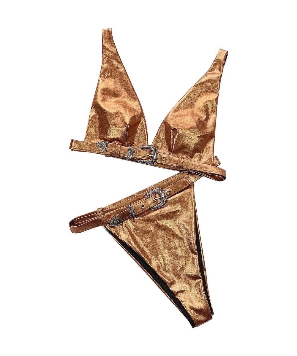 Sets Sexy Women Buckle Bronzing Bikini Push-Up Padded Swimwear Swimsuit Set(Gold- S) - Gold - CL1936CU3GR