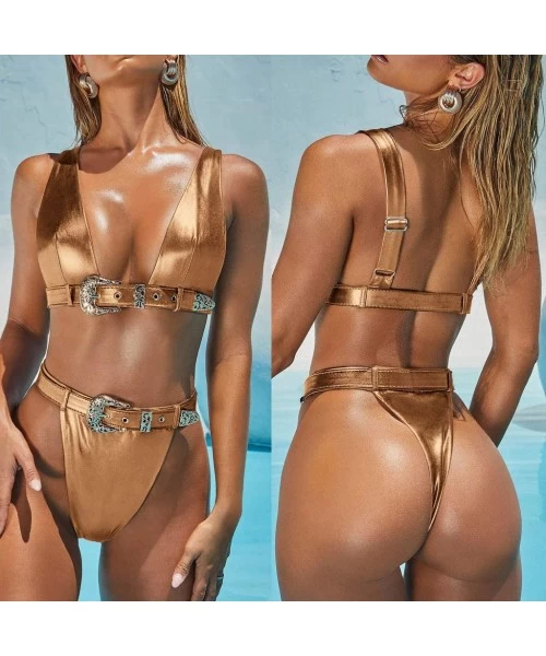 Sets Sexy Women Buckle Bronzing Bikini Push-Up Padded Swimwear Swimsuit Set(Gold- S) - Gold - CL1936CU3GR