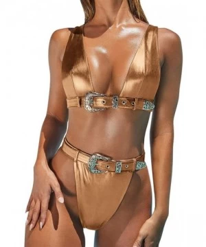 Sets Sexy Women Buckle Bronzing Bikini Push-Up Padded Swimwear Swimsuit Set(Gold- S) - Gold - CL1936CU3GR