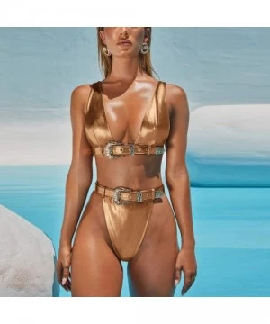 Sets Sexy Women Buckle Bronzing Bikini Push-Up Padded Swimwear Swimsuit Set(Gold- S) - Gold - CL1936CU3GR