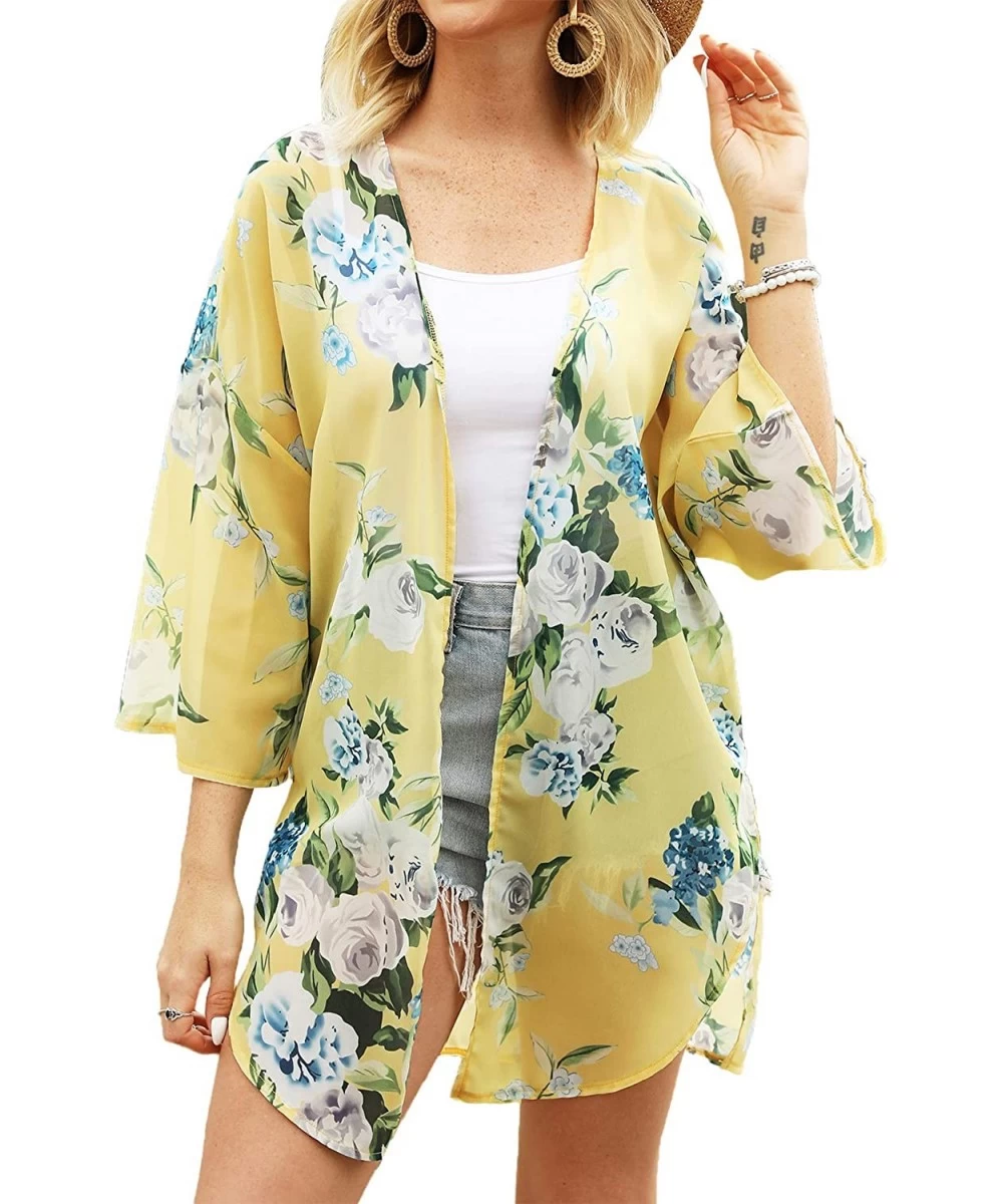 Cover-Ups Women's Casual Sheer Chiffon Kimono Floral Print Loose Tops Blouse Cardigan - T12 - CC199I9C9X6