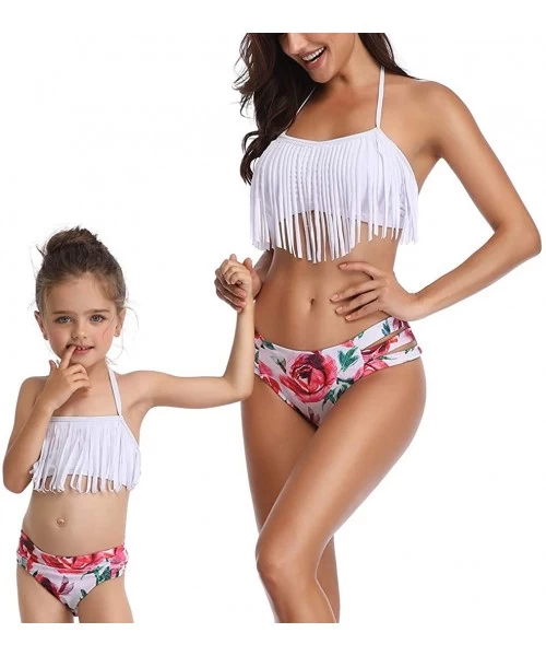 Sets Women Two Pieces Swimwear Mom and Daughter Tassel Bikini Ruffle Swimsuits Girls Bathing Suit - Tassel White - CX18NX2WXG0