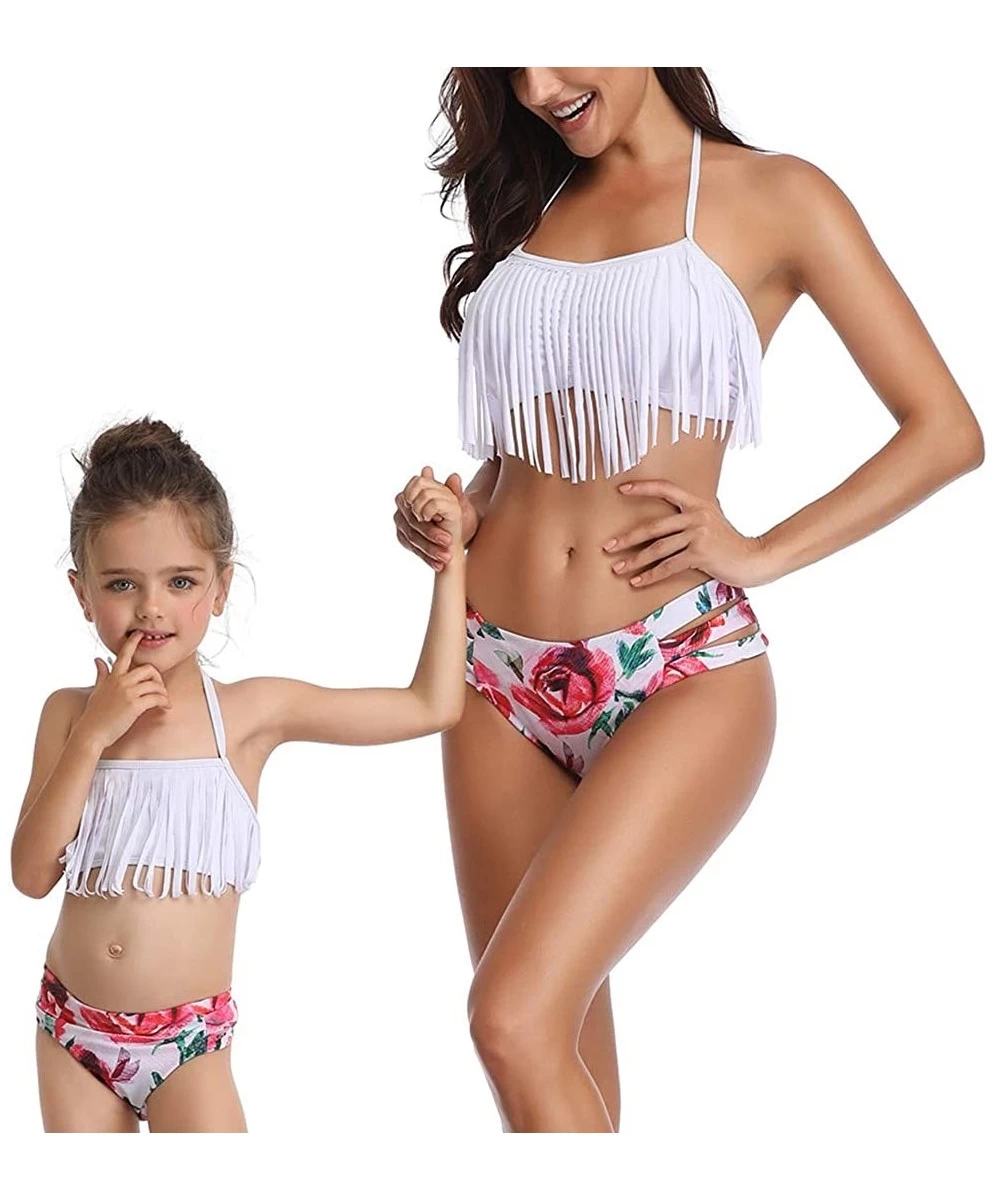 Sets Women Two Pieces Swimwear Mom and Daughter Tassel Bikini Ruffle Swimsuits Girls Bathing Suit - Tassel White - CX18NX2WXG0