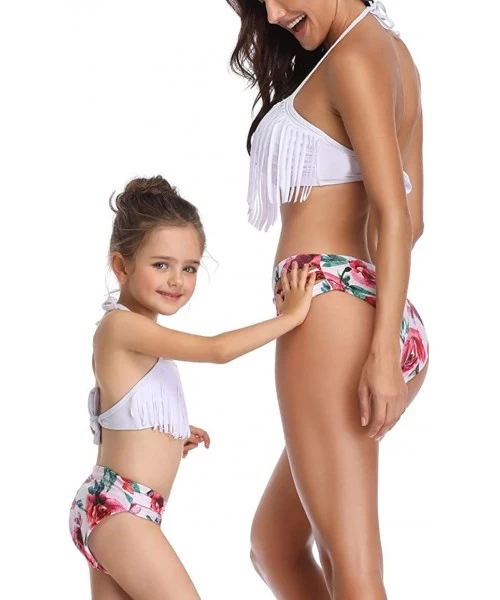 Sets Women Two Pieces Swimwear Mom and Daughter Tassel Bikini Ruffle Swimsuits Girls Bathing Suit - Tassel White - CX18NX2WXG0