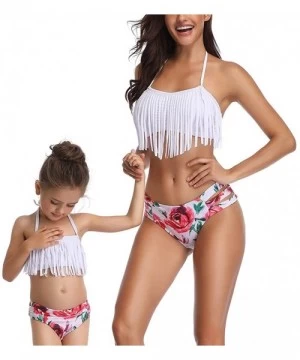 Sets Women Two Pieces Swimwear Mom and Daughter Tassel Bikini Ruffle Swimsuits Girls Bathing Suit - Tassel White - CX18NX2WXG0