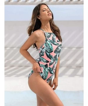 One-Pieces Womens One Piece Swimsuit Leaf Print Back Bandage Padded Monokinis Bathing Suits - Pink - C61936NXUHO