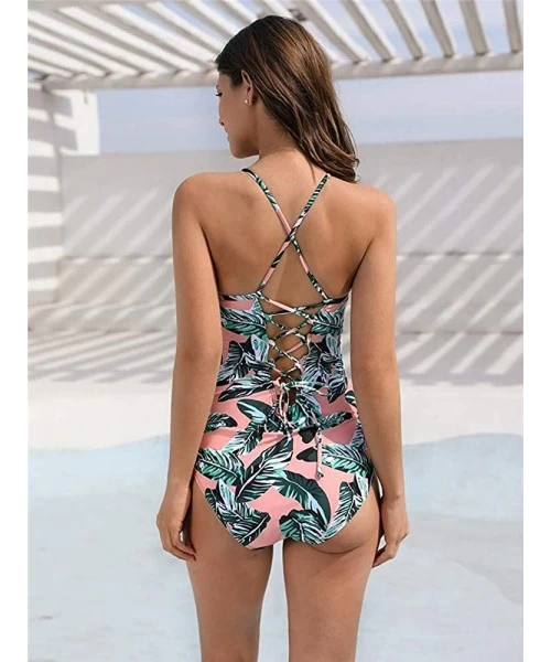 One-Pieces Womens One Piece Swimsuit Leaf Print Back Bandage Padded Monokinis Bathing Suits - Pink - C61936NXUHO