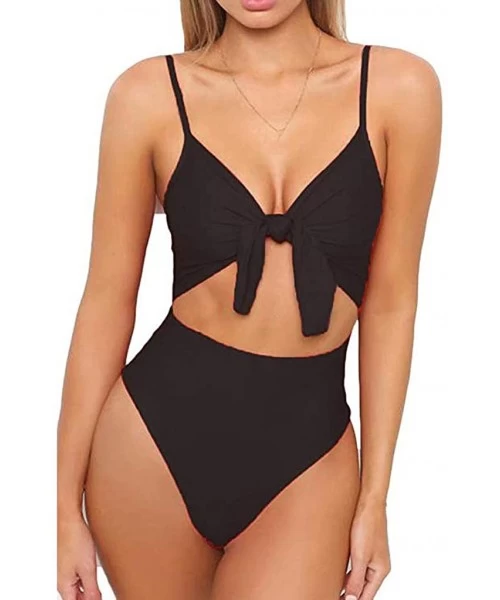 One-Pieces Womens High Waisted Bikini Bottoms Spaghetti Strap Tie Knot Front Cutout High Cut One Piece Swimsuit Swimwear Blac...