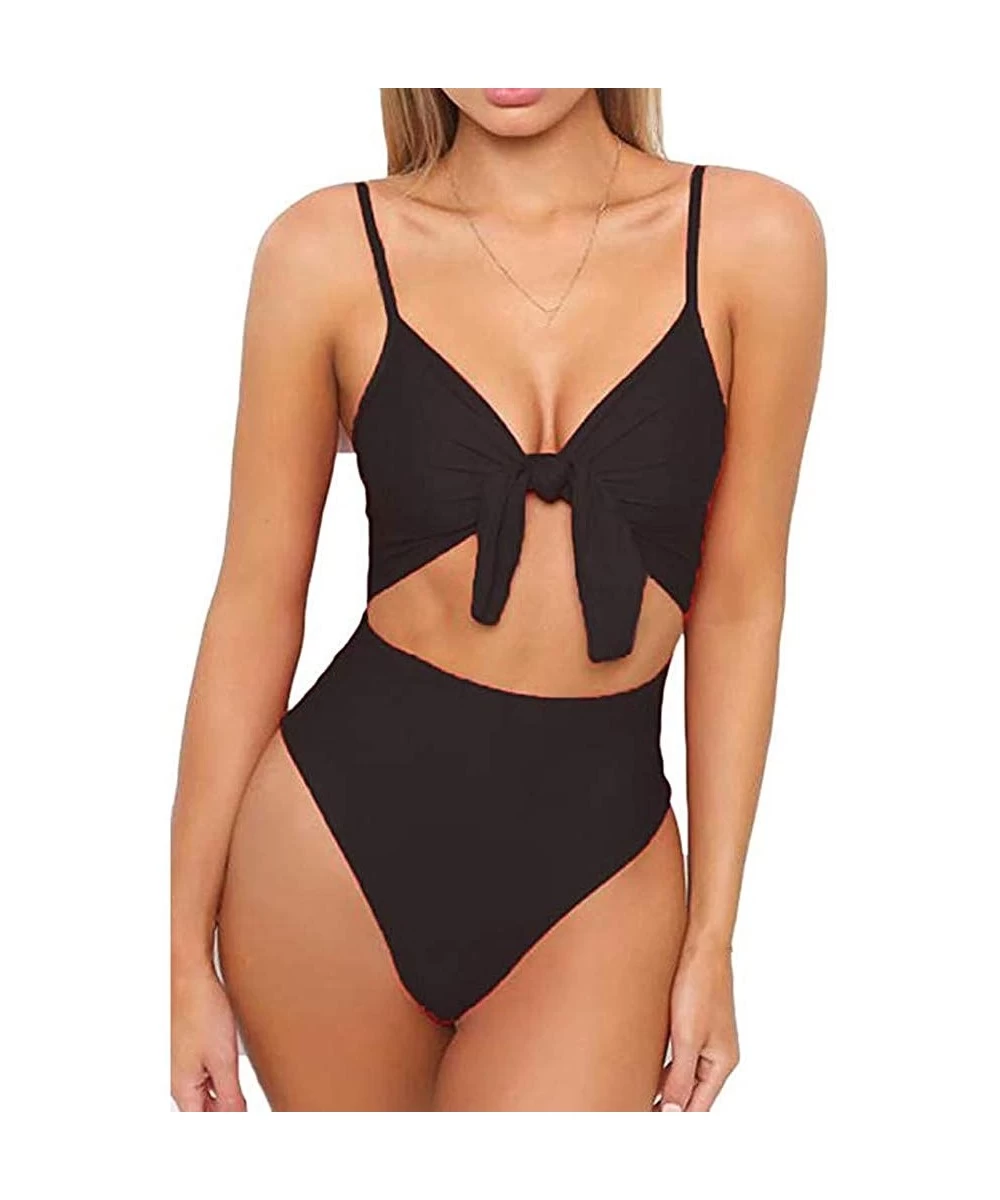 One-Pieces Womens High Waisted Bikini Bottoms Spaghetti Strap Tie Knot Front Cutout High Cut One Piece Swimsuit Swimwear Blac...