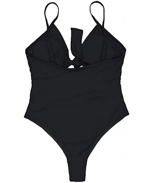 One-Pieces Womens High Waisted Bikini Bottoms Spaghetti Strap Tie Knot Front Cutout High Cut One Piece Swimsuit Swimwear Blac...