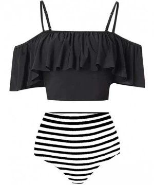 Racing Ruffle Swimsuits for Women High Waisted Two Piece Bathing Suits Off Shoulder Swimwear Ruffled Bikini Set A black - CH1...