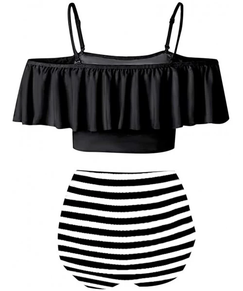 Racing Ruffle Swimsuits for Women High Waisted Two Piece Bathing Suits Off Shoulder Swimwear Ruffled Bikini Set A black - CH1...