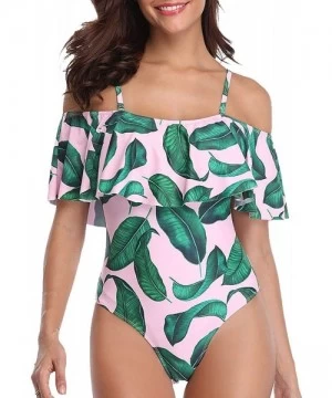 One-Pieces Women's One Piece Swimsuit Vintage Off Shoulder Ruffled Bathing Suits - F-pink - CR18G9S25XQ