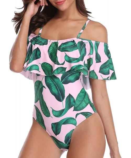 One-Pieces Women's One Piece Swimsuit Vintage Off Shoulder Ruffled Bathing Suits - F-pink - CR18G9S25XQ