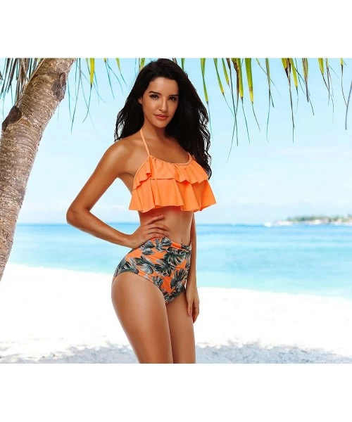 Sets Women Retro Flounce High Waisted Bikini Halter Neck Two Piece Swimsuit - Orange - C118YDX73YS