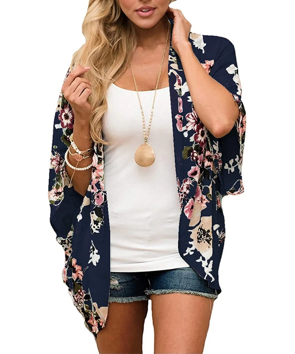 Cover-Ups Womens Floral Chiffon Casual Cardigan - Bikini Half Sleeve Kimono Shawl Sun Protection Blouses Beach Wear Cover ups...