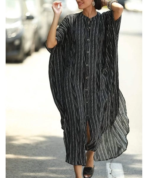 Cover-Ups Women's Swimwear Turkish Kaftans Swimsuit Cover up Caftan Beach Long Dress - A-black Striped - CV19G0S7GQO