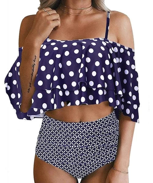 Sets Women Two Piece Off Shoulder Ruffled Flounce Crop Bikini Top with Print Cut Out Bottoms 2 Piece Swimsuit - R-blue Polka ...