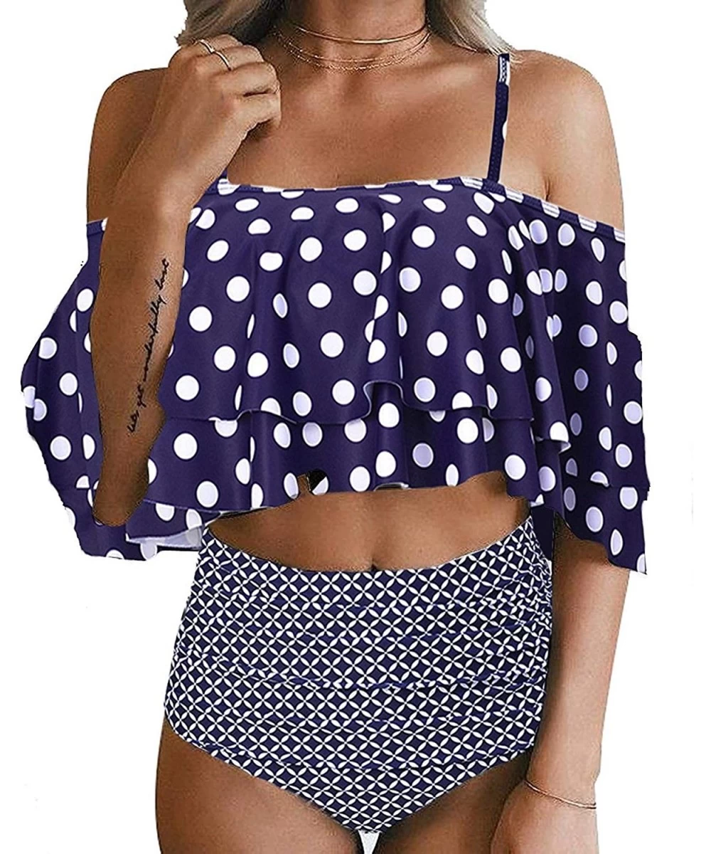 Sets Women Two Piece Off Shoulder Ruffled Flounce Crop Bikini Top with Print Cut Out Bottoms 2 Piece Swimsuit - R-blue Polka ...