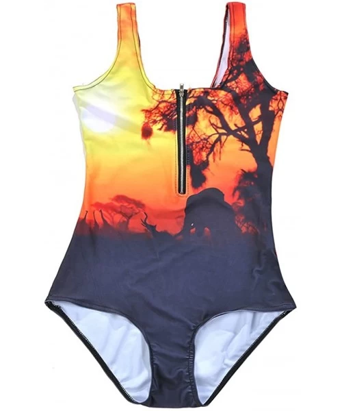 One-Pieces Women's Zipper Printed One Piece Backless Jumpsuit Monokini Swimwear - Sunset - CL18D45YKZC