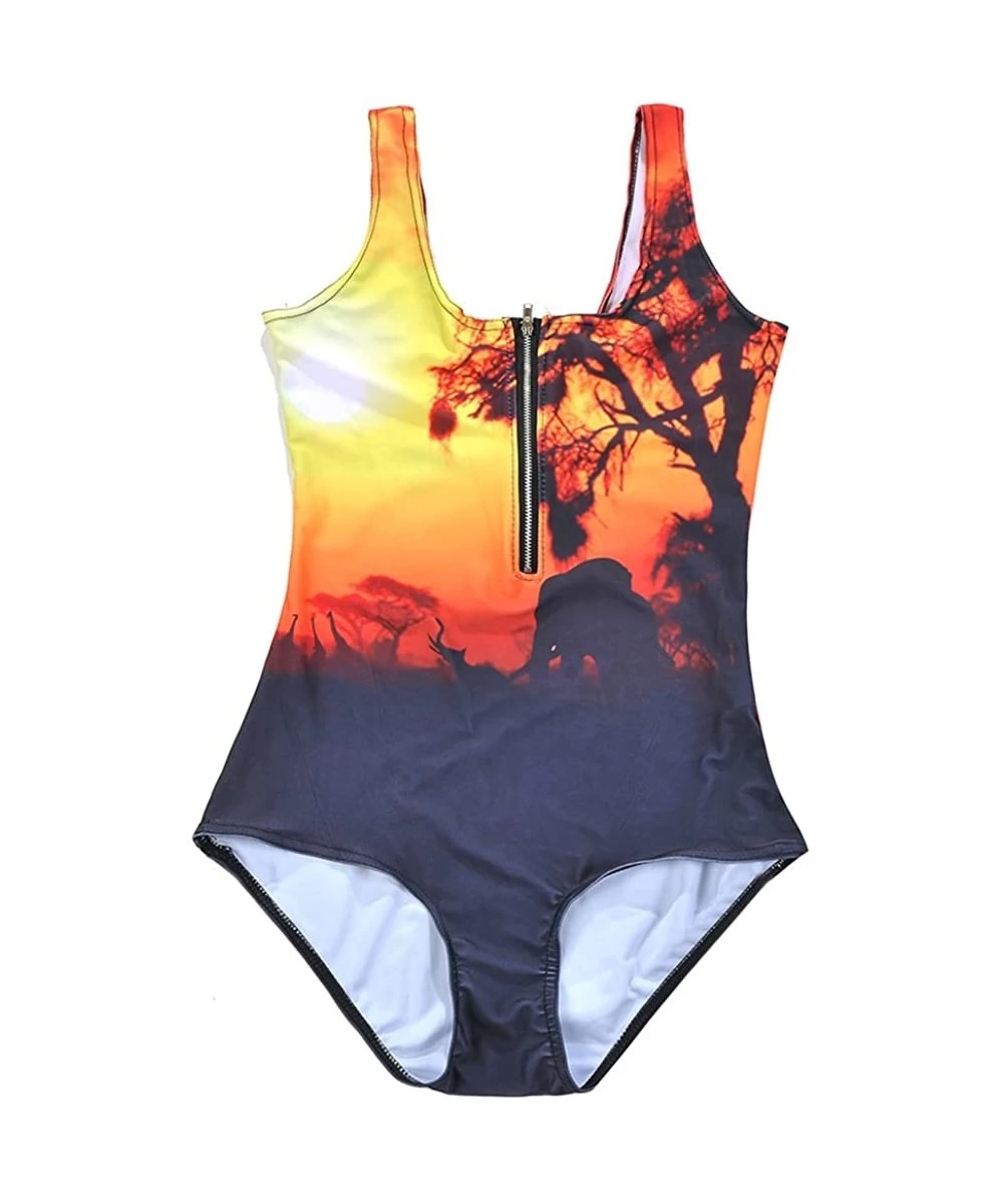 One-Pieces Women's Zipper Printed One Piece Backless Jumpsuit Monokini Swimwear - Sunset - CL18D45YKZC