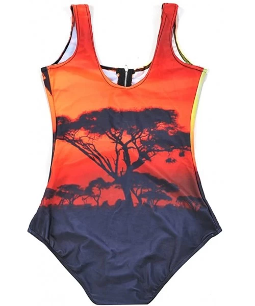 One-Pieces Women's Zipper Printed One Piece Backless Jumpsuit Monokini Swimwear - Sunset - CL18D45YKZC