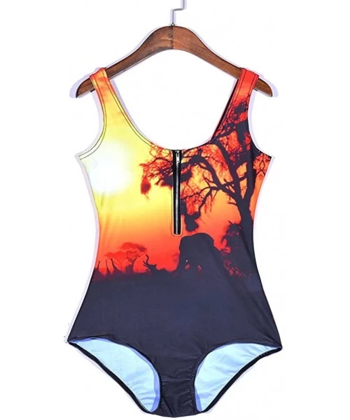 One-Pieces Women's Zipper Printed One Piece Backless Jumpsuit Monokini Swimwear - Sunset - CL18D45YKZC