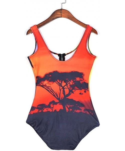 One-Pieces Women's Zipper Printed One Piece Backless Jumpsuit Monokini Swimwear - Sunset - CL18D45YKZC