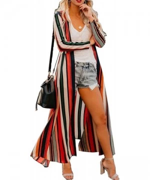 Cover-Ups Womens Chiffon Long Kimono Cardigans Boho Floral 0pen Front Cover Ups Shawl Robes - 2 Striped Print - CO193HSLONC