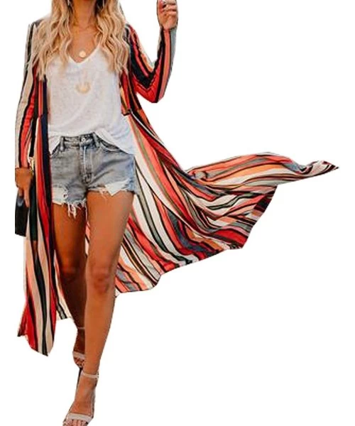 Cover-Ups Womens Chiffon Long Kimono Cardigans Boho Floral 0pen Front Cover Ups Shawl Robes - 2 Striped Print - CO193HSLONC