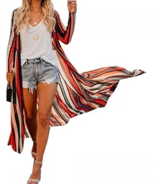 Cover-Ups Womens Chiffon Long Kimono Cardigans Boho Floral 0pen Front Cover Ups Shawl Robes - 2 Striped Print - CO193HSLONC