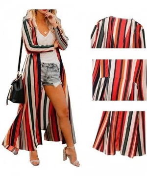 Cover-Ups Womens Chiffon Long Kimono Cardigans Boho Floral 0pen Front Cover Ups Shawl Robes - 2 Striped Print - CO193HSLONC