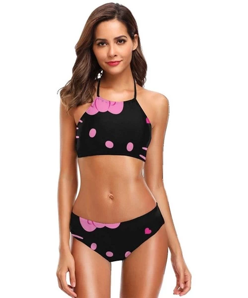 Sets Womens Halter Bikini Set Hello Kitty Black Face Printing High Neck 2 Piece Swimsuits Padded Swimwear Bathing Suit - CW18...