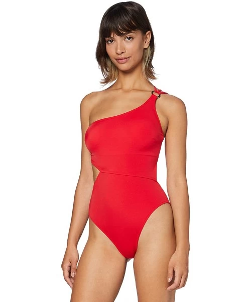 One-Pieces Women's Cut Out One Shoulder High Leg Swimsuit - Red - CR1923CW536