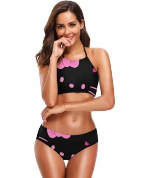 Sets Womens Halter Bikini Set Hello Kitty Black Face Printing High Neck 2 Piece Swimsuits Padded Swimwear Bathing Suit - CW18...