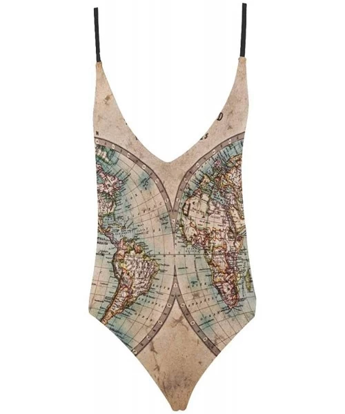 One-Pieces Vintage World Map V-Neck Women Lacing Backless One-Piece Swimsuit Bathing Suit XS-3XL - Design 11 - C518S0YIZYD