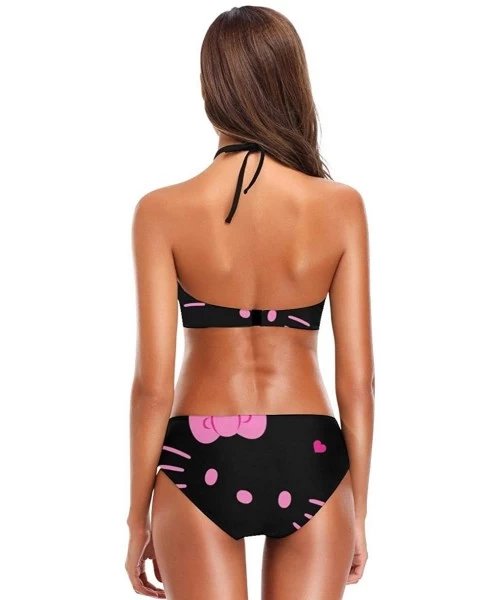 Sets Womens Halter Bikini Set Hello Kitty Black Face Printing High Neck 2 Piece Swimsuits Padded Swimwear Bathing Suit - CW18...