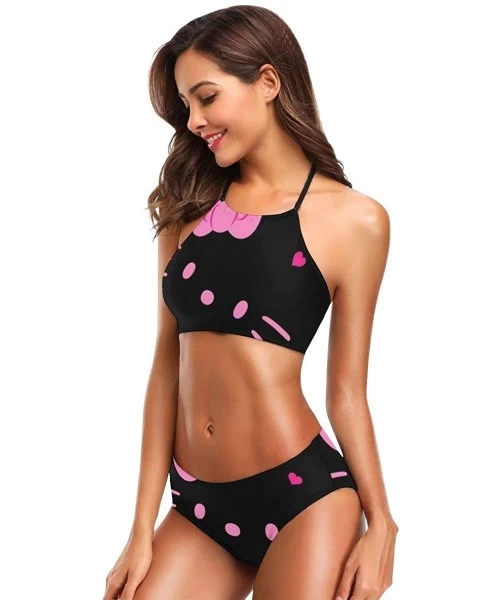 Sets Womens Halter Bikini Set Hello Kitty Black Face Printing High Neck 2 Piece Swimsuits Padded Swimwear Bathing Suit - CW18...