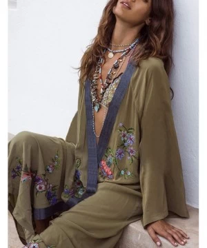 Cover-Ups Women Sexy Chiffon/Rayon Open Front Kimono Cardigan Long Swimsuit Cover Up - Army Green - CW18WW0DLKD