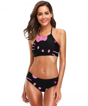 Sets Womens Halter Bikini Set Hello Kitty Black Face Printing High Neck 2 Piece Swimsuits Padded Swimwear Bathing Suit - CW18...