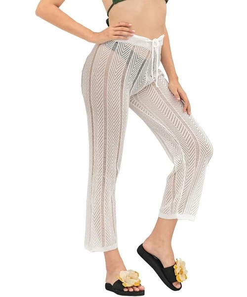 Cover-Ups Womens Sexy Hollow Out See Through Mesh Long Crochet Pants Swimsuit Cover Up Pants - White2 - CT19COYWY80