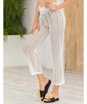 Cover-Ups Womens Sexy Hollow Out See Through Mesh Long Crochet Pants Swimsuit Cover Up Pants - White2 - CT19COYWY80