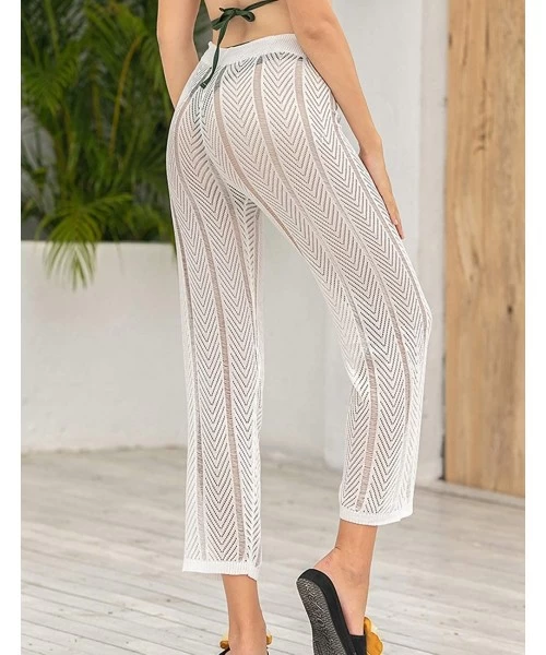 Cover-Ups Womens Sexy Hollow Out See Through Mesh Long Crochet Pants Swimsuit Cover Up Pants - White2 - CT19COYWY80