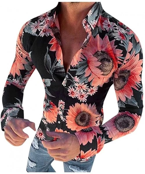 Rash Guards Men's Causal Long Sleeve Flower Turn-Down Collar Printed Shirt Fit Slim Blouse Tops Tee - Black - C61942ICYLD