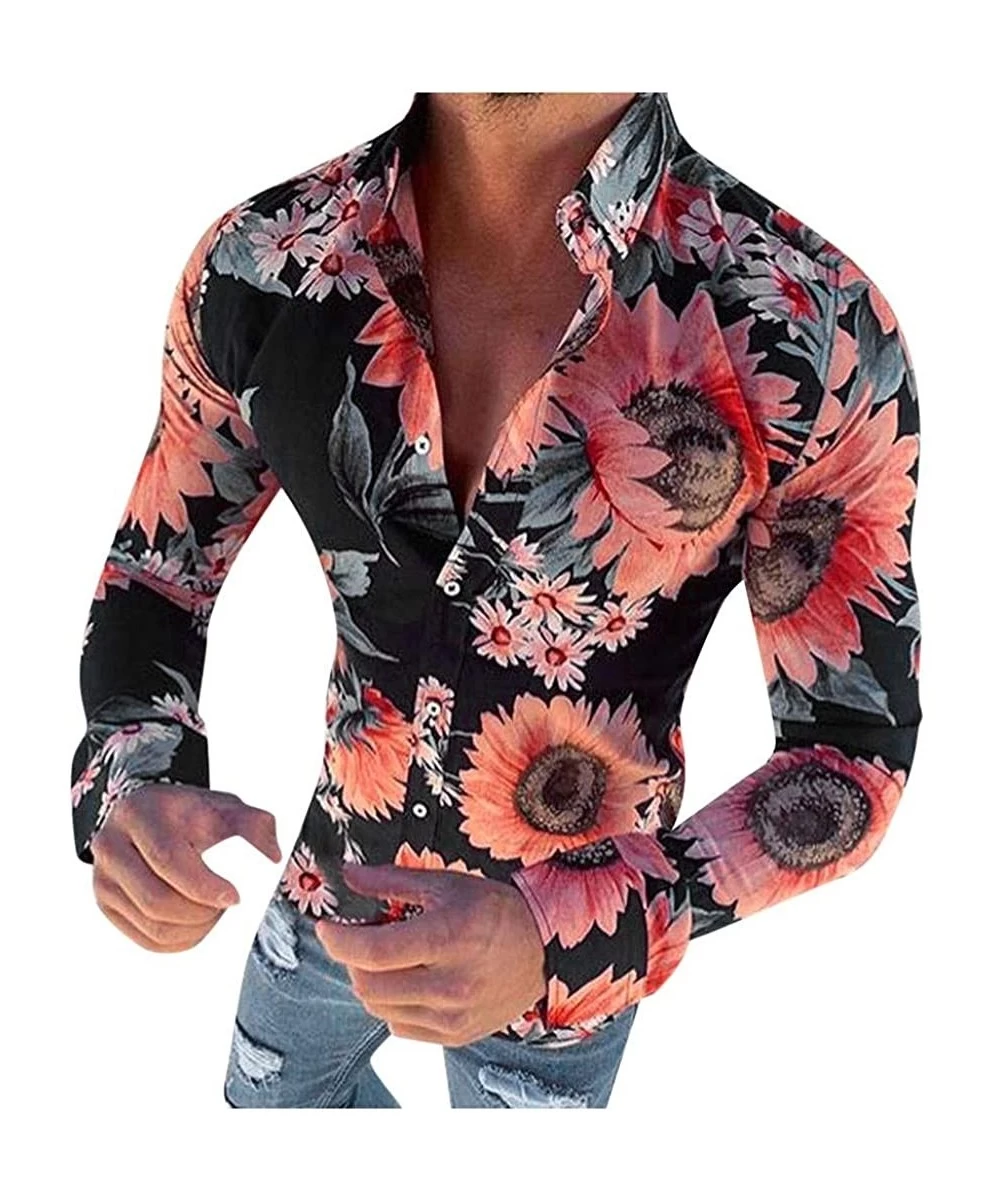 Rash Guards Men's Causal Long Sleeve Flower Turn-Down Collar Printed Shirt Fit Slim Blouse Tops Tee - Black - C61942ICYLD