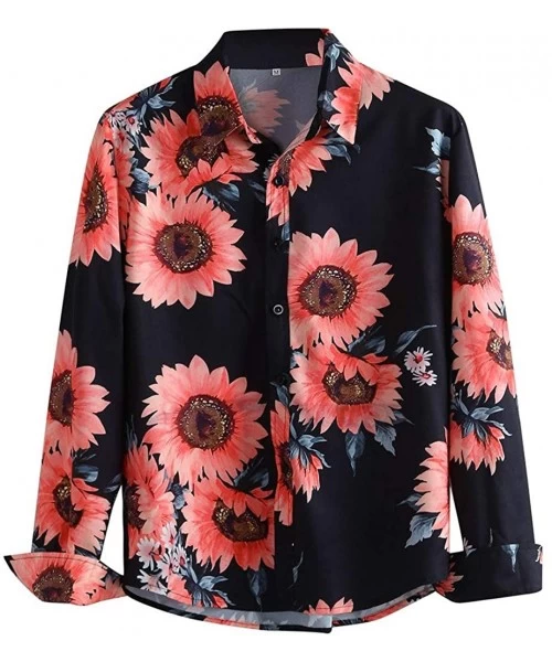 Rash Guards Men's Causal Long Sleeve Flower Turn-Down Collar Printed Shirt Fit Slim Blouse Tops Tee - Black - C61942ICYLD