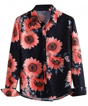 Rash Guards Men's Causal Long Sleeve Flower Turn-Down Collar Printed Shirt Fit Slim Blouse Tops Tee - Black - C61942ICYLD