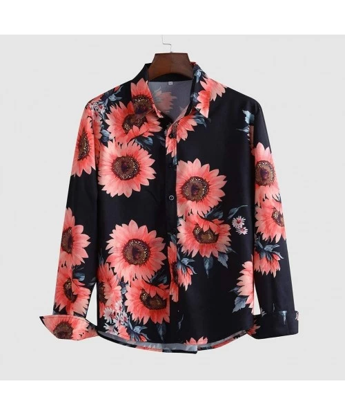 Rash Guards Men's Causal Long Sleeve Flower Turn-Down Collar Printed Shirt Fit Slim Blouse Tops Tee - Black - C61942ICYLD