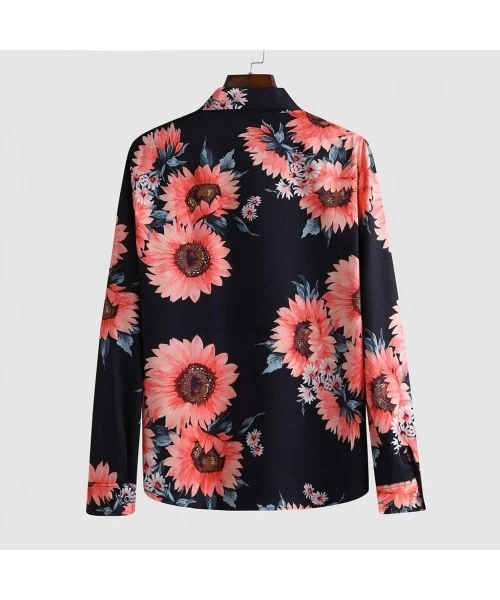 Rash Guards Men's Causal Long Sleeve Flower Turn-Down Collar Printed Shirt Fit Slim Blouse Tops Tee - Black - C61942ICYLD