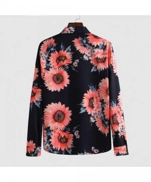 Rash Guards Men's Causal Long Sleeve Flower Turn-Down Collar Printed Shirt Fit Slim Blouse Tops Tee - Black - C61942ICYLD